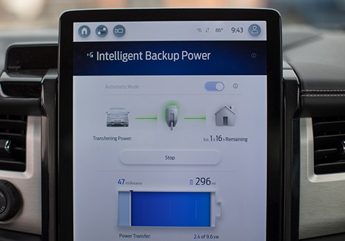 A Home Backup Power center stack screen appears in a Ford F-150 Lightning® truck.