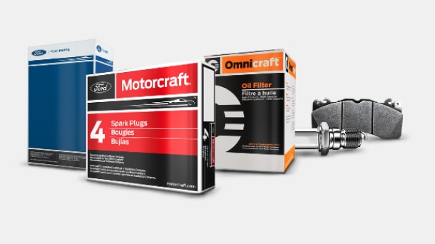 Bujía Motorcraft y filtro de aceite con caja Omnicraft.