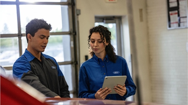 Service technician conversing with couple.