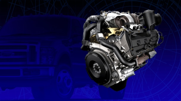 Ford 6.4L Power Stroke Diesel engine on blue background.