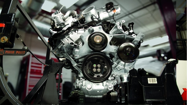 Closeup of Ford Power Stroke Diesel engine.