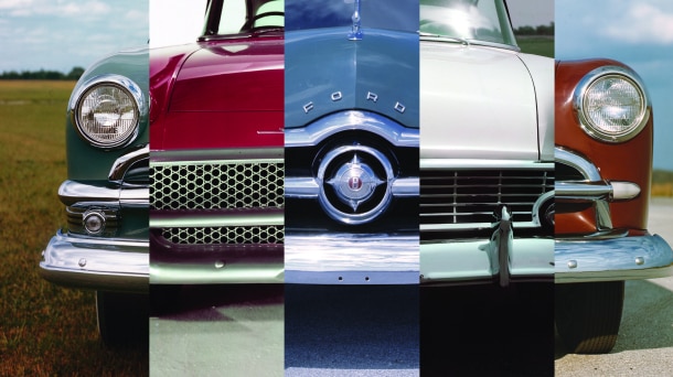 Split screen of Ford hood designs.