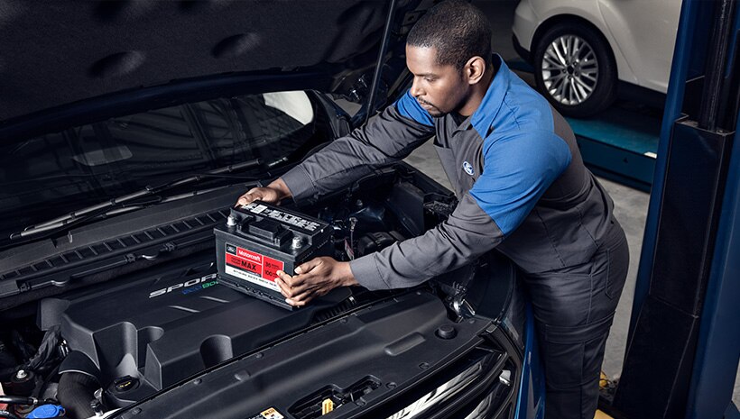 Technician with battery and vehicle.