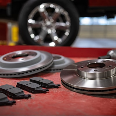 Brake parts in a service bay