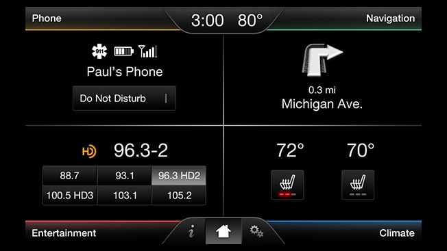 A MyFord Touch in-vehicle screen displays phone, navigation, entertainment, and climate settings.