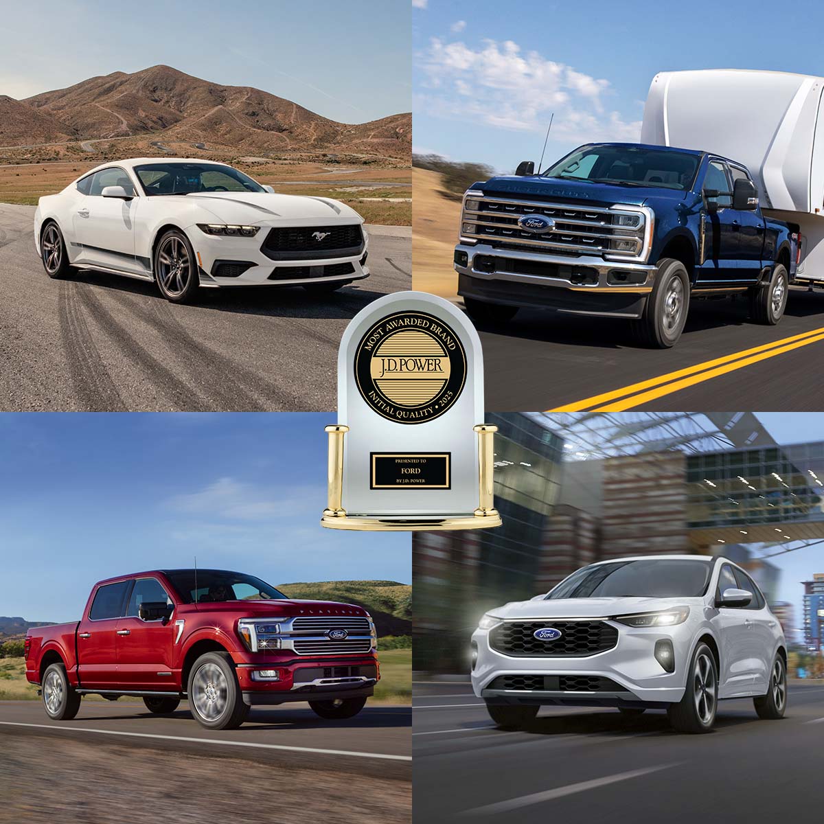 The Mustang® coupe, Super Duty® pickup truck, F-150® pickup and Escape® SUV in a four-quadrant collage with the J.D. Power Award at center.