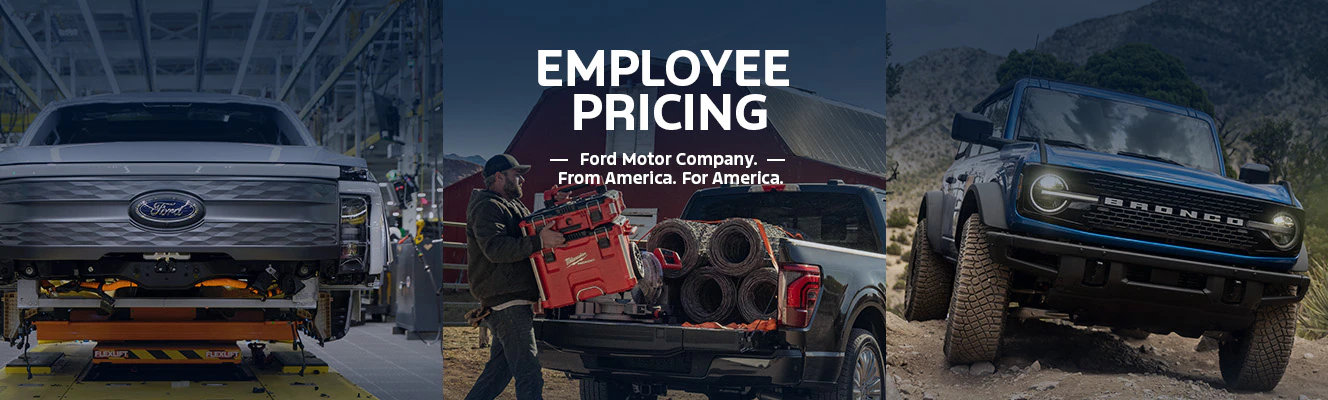 Three images showcase a Ford truck on the assembly line, a Ford owner loading tools into a truck bed at a worksite, and the Ford Bronco® off-roading.
