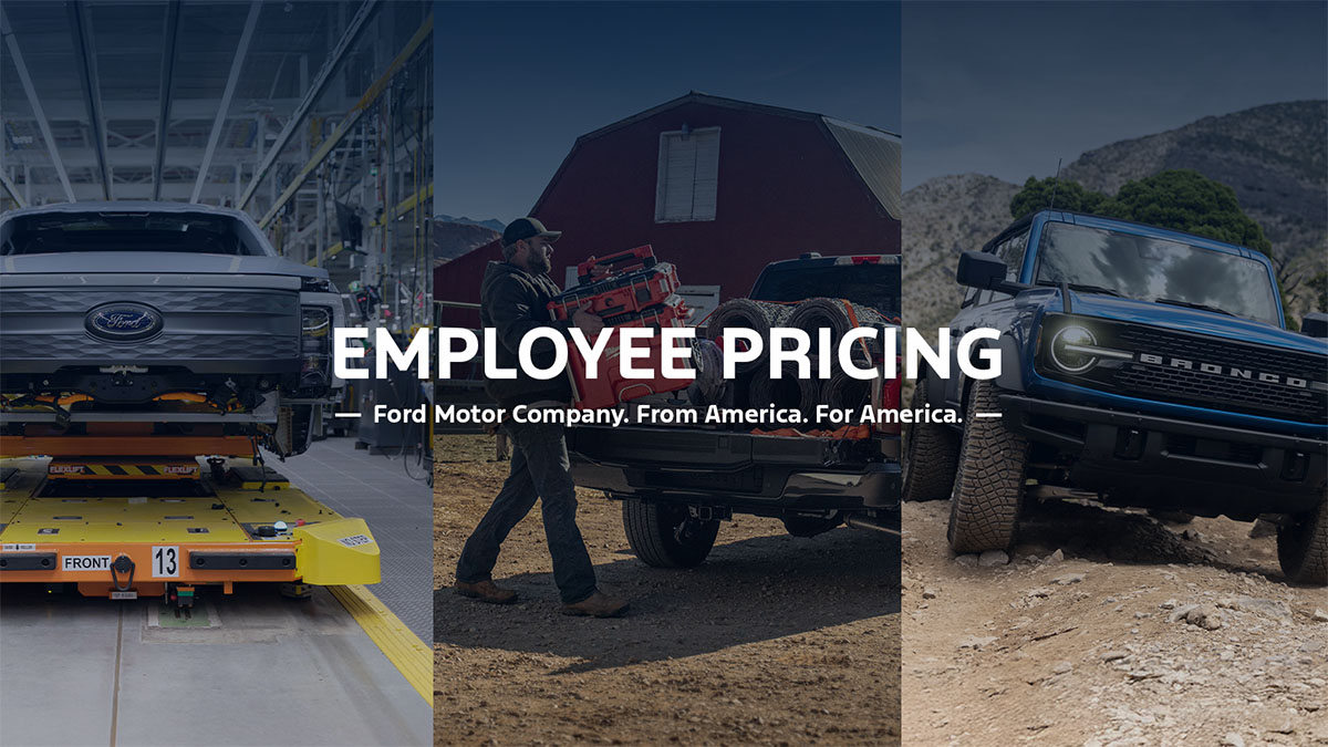 Three images showcase a Ford truck on the assembly line, a Ford owner loading tools into a truck bed at a worksite, and the Ford Bronco® off-roading.