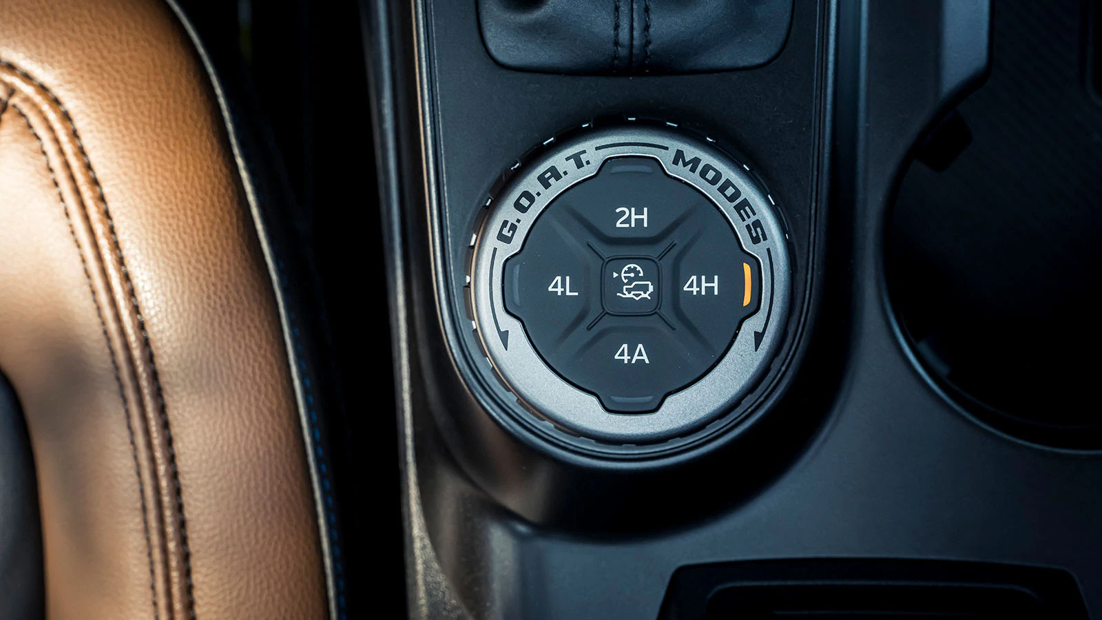 Close-up of the G.O.A.T. Modes® Goes Over Any Type of Terrain knob in a 2023 Ford Bronco® SUV.