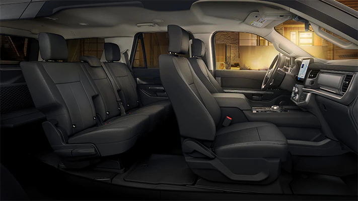 The spacious interior of the 2025 Expedition® SUV with three rows of seating.