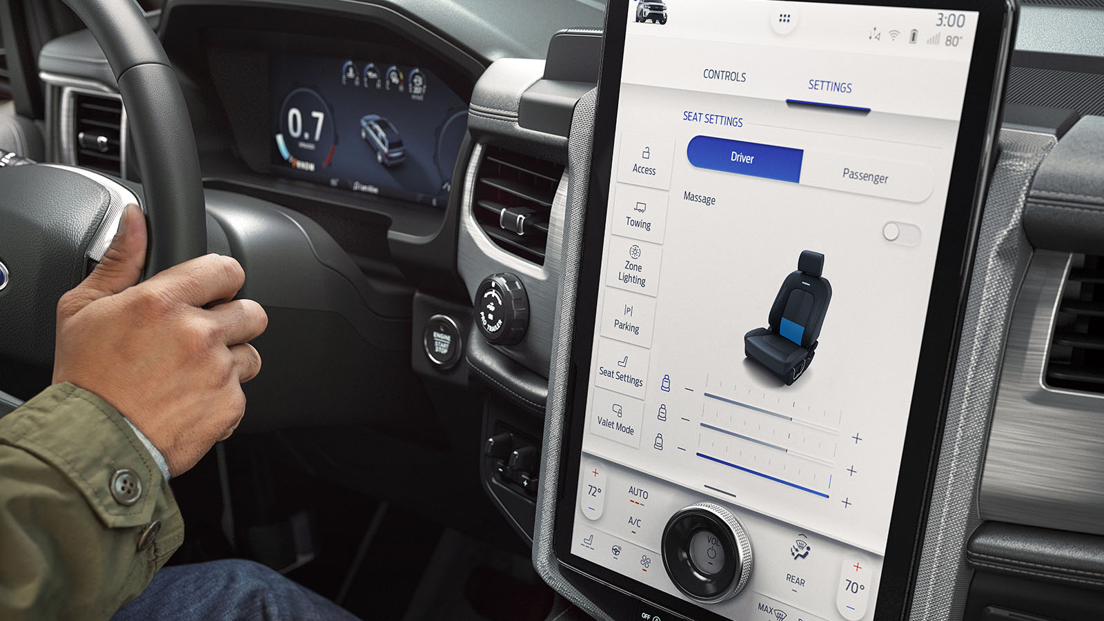 Close-up of the available SYNC® 4A Technology touchscreen in a 2023 Ford Expedition® SUV, showing the seat settings.
