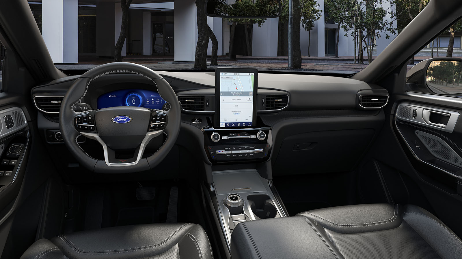 The dashboard of a 2023 Ford Explorer® SUV showing the SYNC® 3 Technology touchscreen displaying a navigation screen.