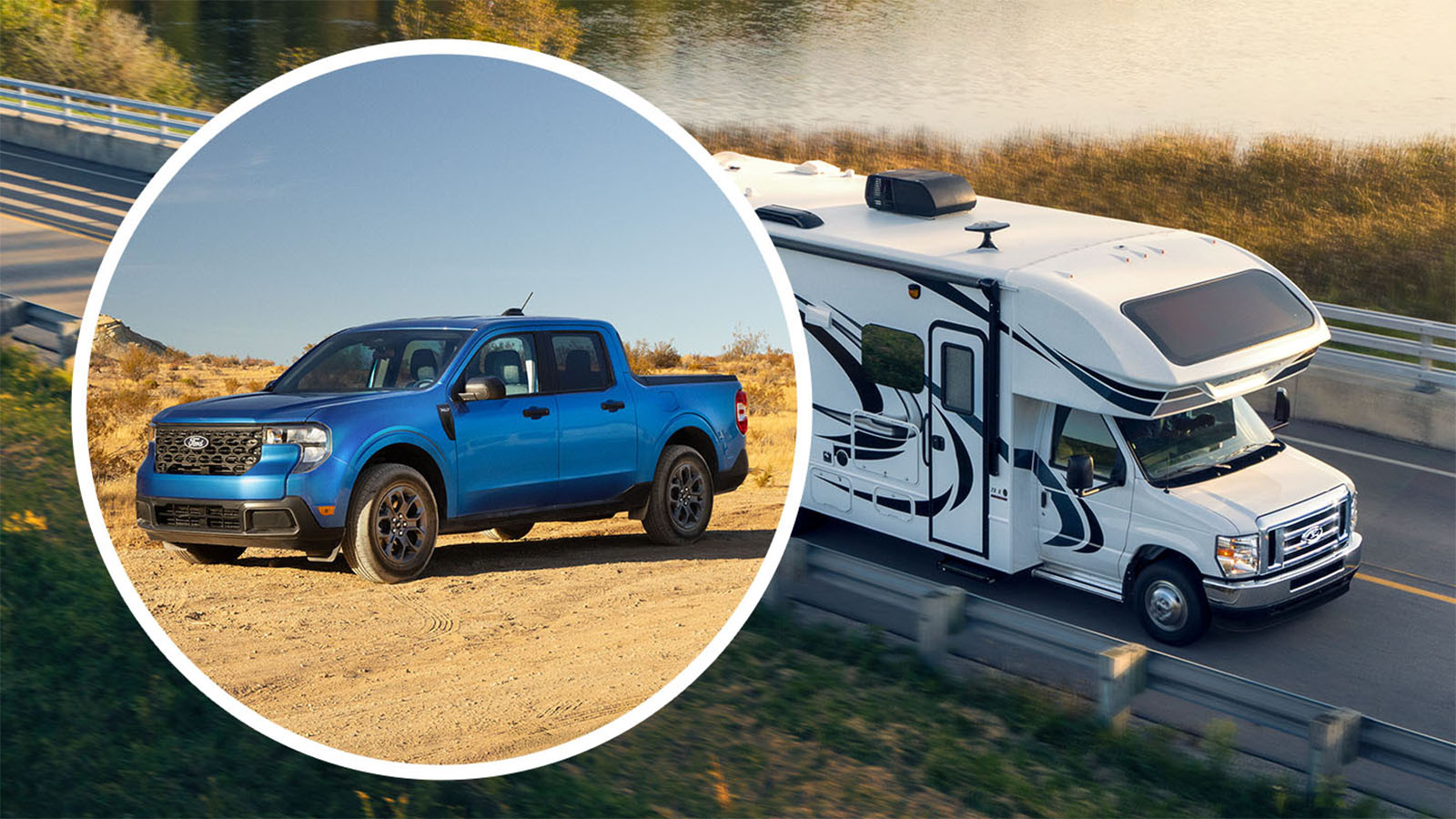 A Ford RV traveling down the road with an inset image of a Maverick® pickup on an off-road trail.