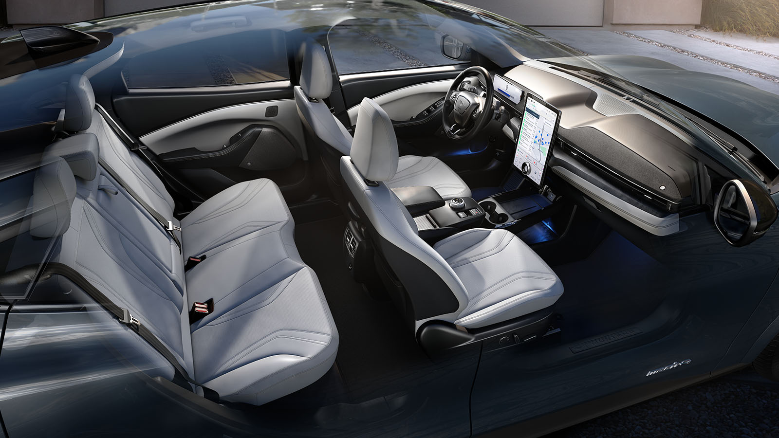 The comfortable interior of the Mach-E{REG] SUV with seating for five.