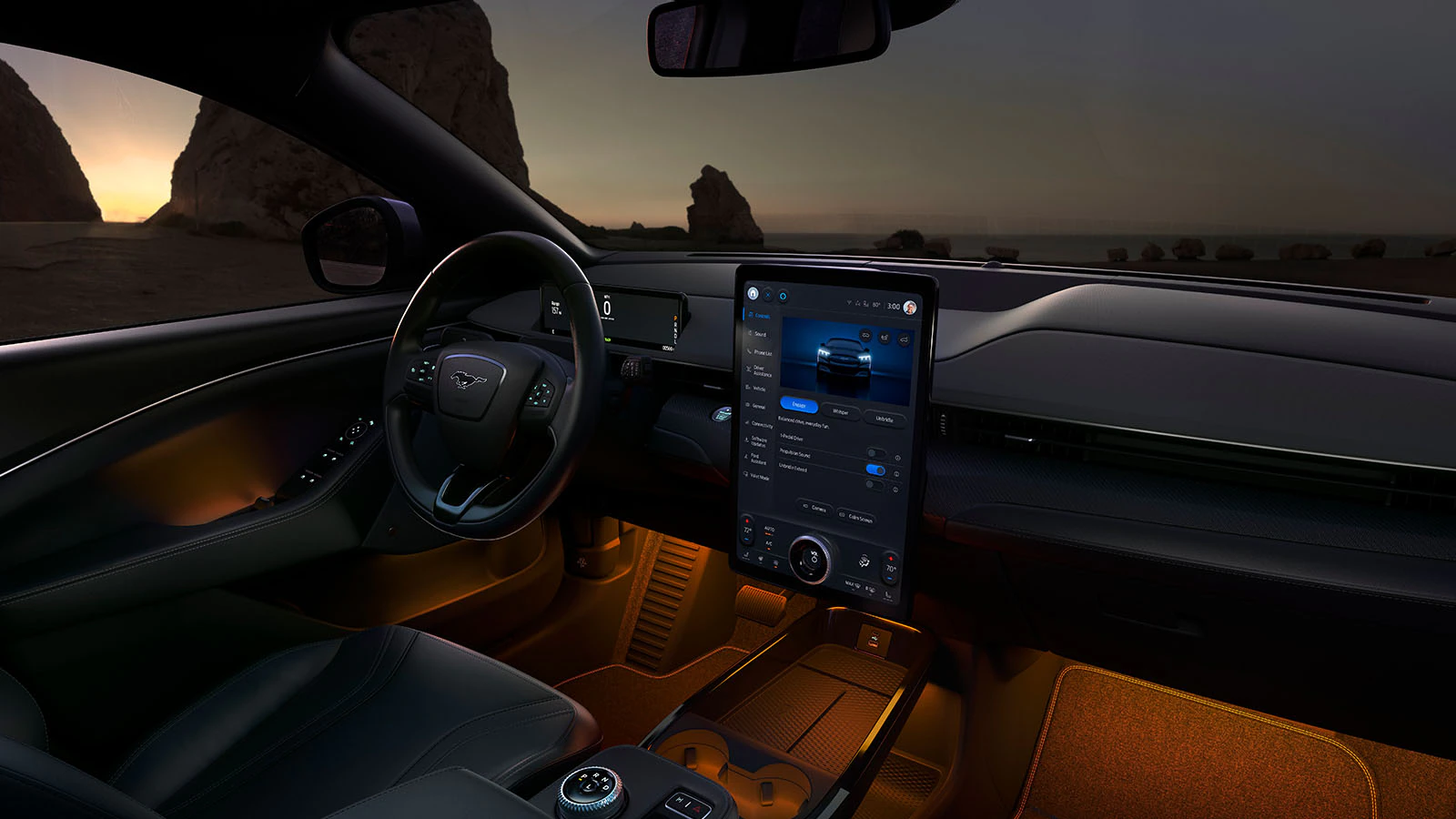 View of the steering wheel and dashboard inside a 2023 Ford Mustang Mach-E® SUV.