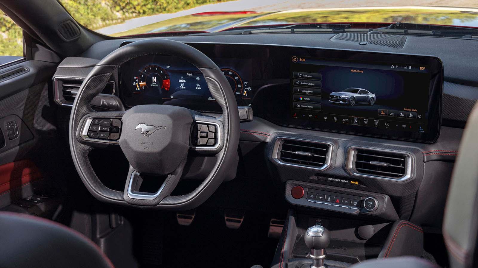 The exhaust mode selector is displayed on the touchscreen of the Mustang® coupe.