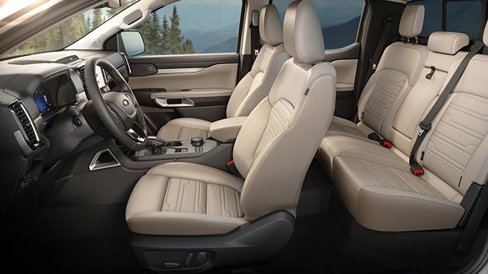 The two-row interior of the Ranger® pickup is shown from the driver-side profile.
